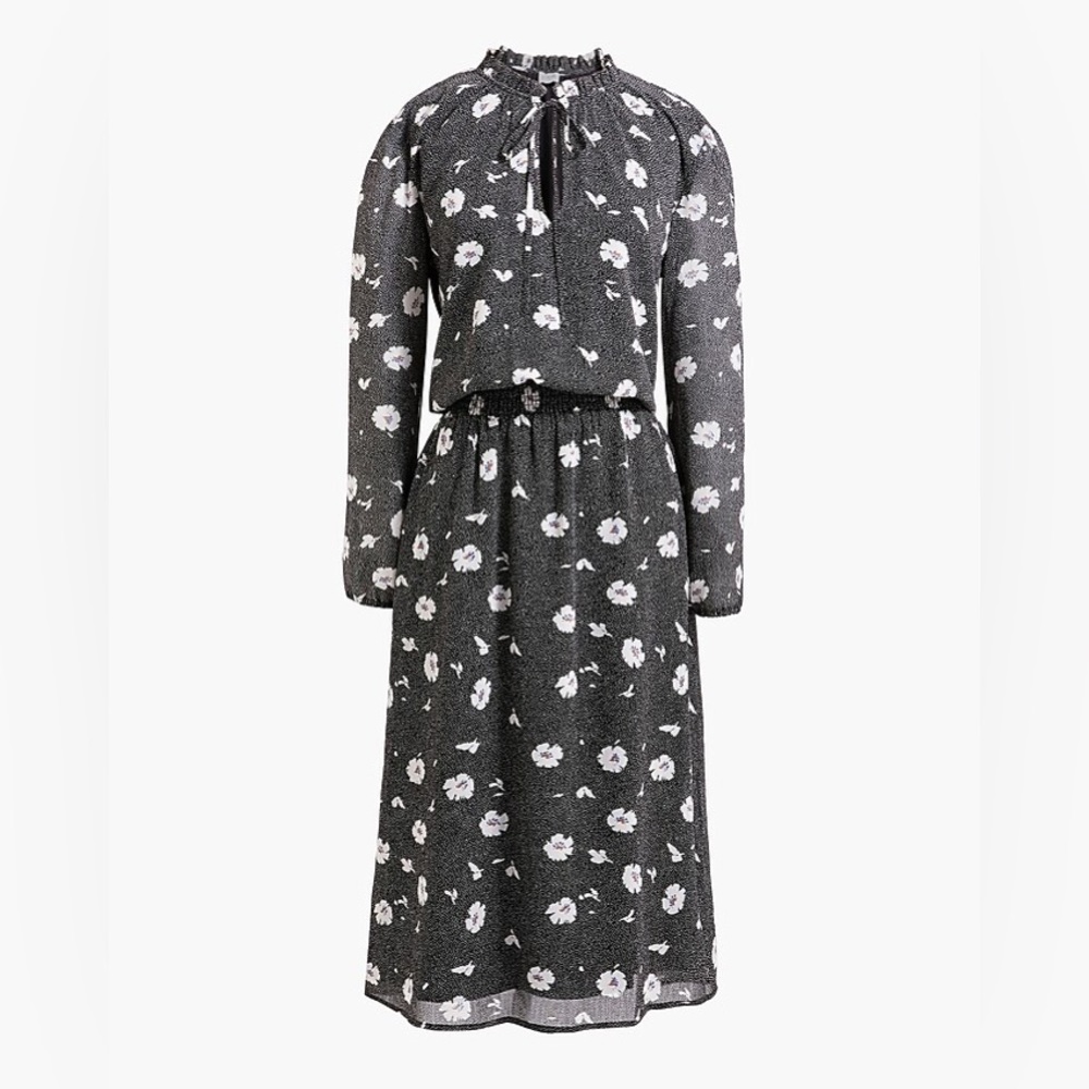 NWT J Crew Long Sleeve Printed Tie Neck Midi Dress S